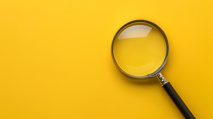 Magnifying glass isolated on yellow background. Top view with copy space - obrazy, fototapety, plakaty