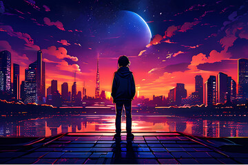 Nighttime reflections lofi manga wallpaper of a sad yet beautiful scene with cityscape person in front of the city, Generative AI