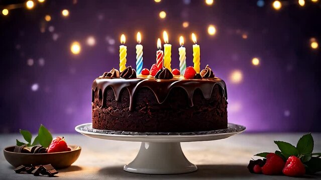 Chocolate Birthday cake with candles, bright lights bokeh
