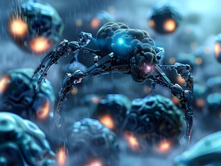 Photography of Nanobot Attacking a Cancer Cell in Futuristic Nanotechnology Medical Concept