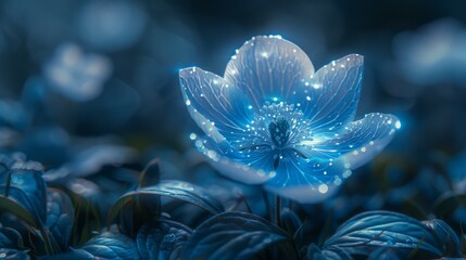 Enchanting orange flower illuminated by blue light in a mystical garden setting