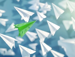 A cluster of white paper planes flying in unison while one green paper plane diverges in a different direction