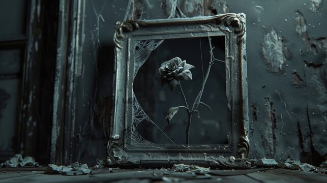A dark and moody image of a single, wilted flower displayed in a tarnished silver frame, with cobwebs in the corners.