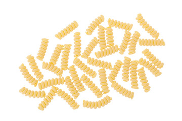 Italian spiral shaped pasta, Fusilli bucati macaroni, isolated on white background. Top view. Flat lay.