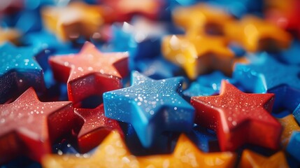 3D render of glossy red, blue, and yellow stars scattered randomly with a close focus. - obrazy, fototapety, plakaty