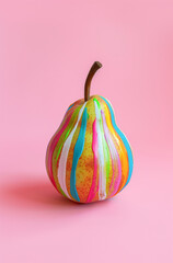 Single pear fruit painted in colourful stripes, free artistic style, pink background, studio shot