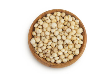 Sorghum seeds in wooden bowl isolated on white background. Top view. Flat lay.