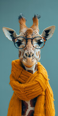 cute giraffe with eyeglasses and long knitted mustard scarf