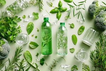 Still life of two plastic bottles of water with sprigs of greenery on a pale green background. - obrazy, fototapety, plakaty