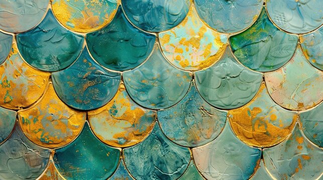 Abstract gold turquoise aquamarine green fish scale ceramic stone tiles texture wall background wallpaper