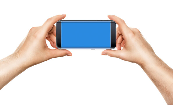 Male hands holding phone with blank screen isolated