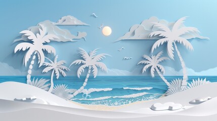 Fototapeta na wymiar A detailed papercut landscape of a tropical beach scene, palm trees swaying in the breeze, waves crashing on the shore, all rendered in textured paper. 