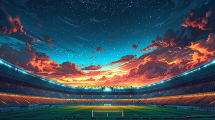 Futuristic stadium glowing under a starry night sky with vibrant orange clouds