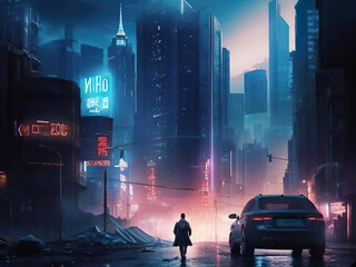 Man walking through city at night