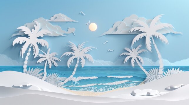 A detailed papercut landscape of a tropical beach scene, palm trees swaying in the breeze, waves crashing on the shore, all rendered in textured paper. 