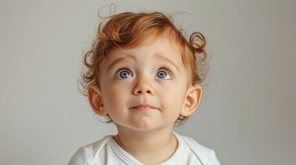 an adorable baby with prominent protruding ears against a light background, with sufficient text copy space to convey information