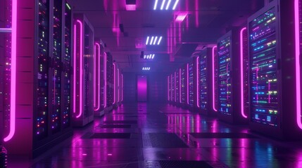 A data center server room filled with rows of glowing neon computer racks, pulsing with activity.