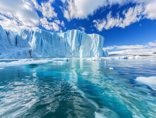 Melting glaciers with icebergs floating in clear blue water, dramatic sky backdrop