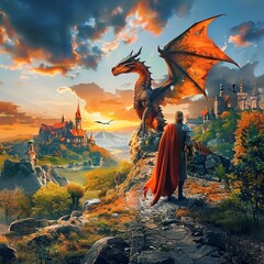 In the ruins of a oncegreat city, a knight and his dragon search for a mythical artifact rumored to hold the key to restoring the world , - obrazy, fototapety, plakaty