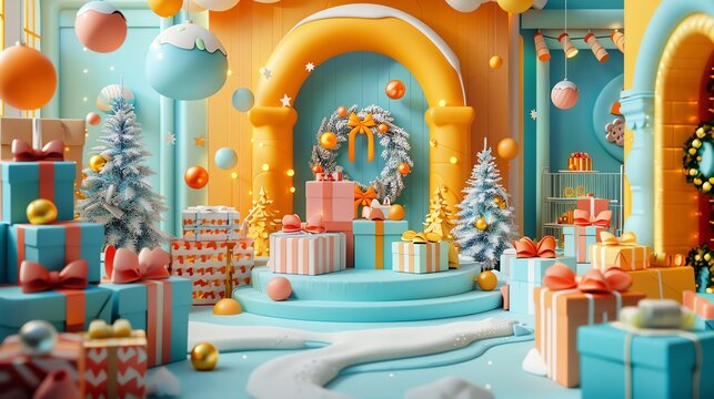 A 3D rendering of a Christmas themed room. The room is decorated with pastel colored Christmas trees, presents, ornaments, and balloons. There is a large wreath on the back wall and a stage in the cen