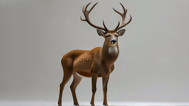 Close-up of a majestic deer with antlers, isolated on gray background.