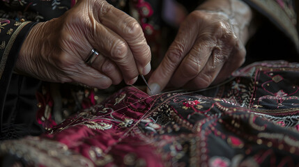 An intimate view of a tailor�s hands stitching complex patterns into cloth. exhibiting the expertise and artistry in garment making. The concentration is on detailed stitches with sewing needles - obrazy, fototapety, plakaty