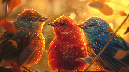 The view of birds chirping together. their lively movements and bright feathers illuminated by the sunset