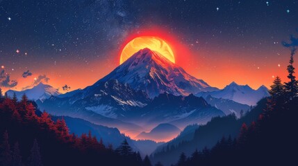 Majestic mountain at sunset with vibrant night sky and starry backdrop - obrazy, fototapety, plakaty