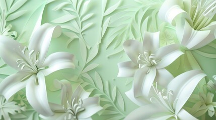 A layered papercut design for a wedding invitation, featuring a delicate papercut bouquet of lilies with intricate details, crafted from white and light green paper. 