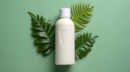 Blank white lotion product with summer leaf at color background for mockup Generative AI