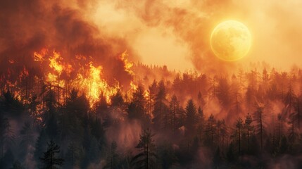 A dramatic scene of a wildfire raging through a forest, with thick smoke obscuring the setting sun.  - obrazy, fototapety, plakaty