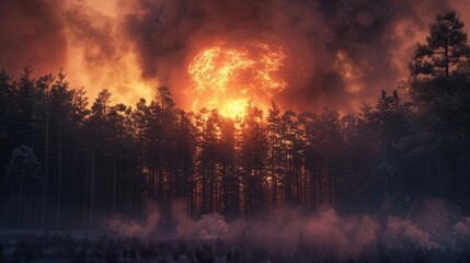 A dramatic scene of a wildfire raging through a forest, with thick smoke obscuring the setting sun. 