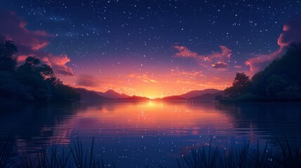 Surreal dreamscape of a person standing on a reflective lake under a starry night sky with orange horizon - obrazy, fototapety, plakaty