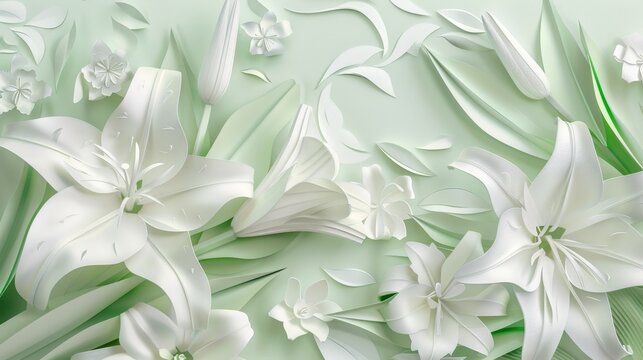 A layered papercut design for a wedding invitation, featuring a delicate papercut bouquet of lilies with intricate details, crafted from white and light green paper. 