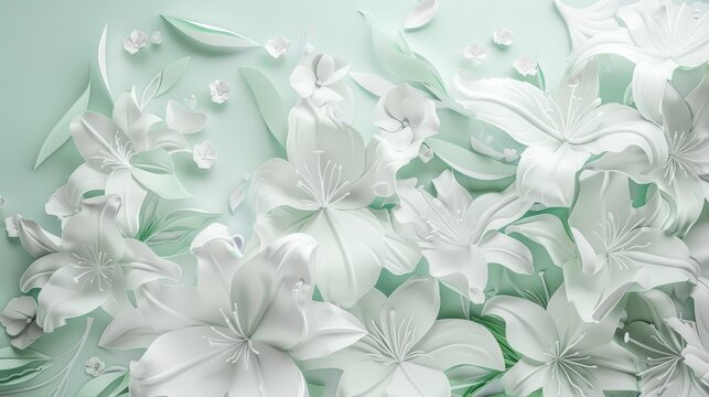 A layered papercut design for a wedding invitation, featuring a delicate papercut bouquet of lilies with intricate details, crafted from white and light green paper. 