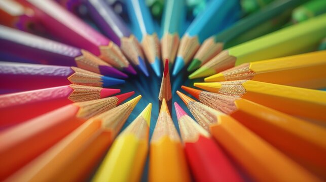 A flat lay arrangement of colorful pencils fanned out in a circle, with a single, sharpened pencil in the center. 