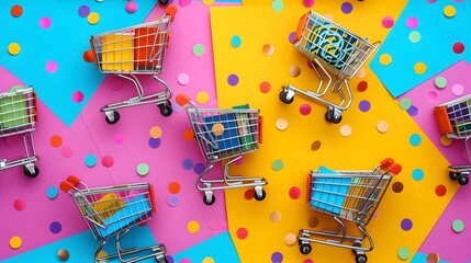 Discount Paradise: Miniature Shopping Carts Overflowing with Savings - Vibrant Background, Hand Edited Generative AI