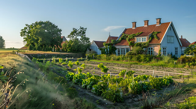 An up-to-date farmhouse with a geothermal heating system. embodying clean energy and sustainable living in Denmark. The photograph is taken from the field