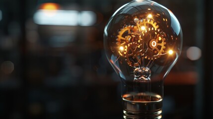 A lightbulb with gears inside, depicted in clean lines, symbolizing creative problem-solving in business. - obrazy, fototapety, plakaty