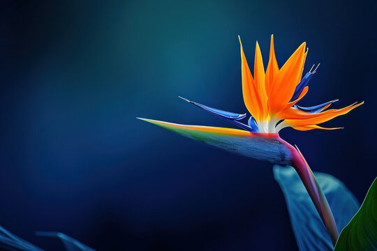 Vibrant Orange Bird of Paradise Flower on Dark Blue Background with Leaves and Grafos