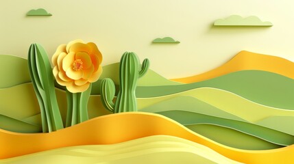 A layered papercut illustration of a blooming cactus flower in a desert landscape, showcasing resilience and beauty, crafted from green and yellow recycled paper. 