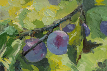 Plum oil painting. Ripe juicy fruits on a branch. A real painting on canvas. Modern art realism. Artistic summer illustration. A bright summer postcard for design. The concept of proper nutrition - 790164561