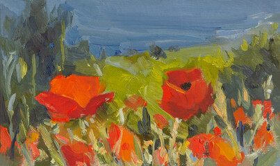 Poppies oil painting. A beautiful illustration of a poppy field against the background of a blue sea. Hand-drawn. Modern realistic painting . Horizontal art banner,layout for postcards, website design - 790164751