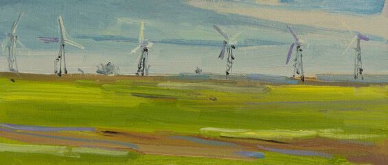 Landscape wind turbines oil painting. A beautiful illustration of a green field against the sky. Hand-drawn. Modern realistic painting . Horizontal art banner,layout for postcards, website design - 790164773