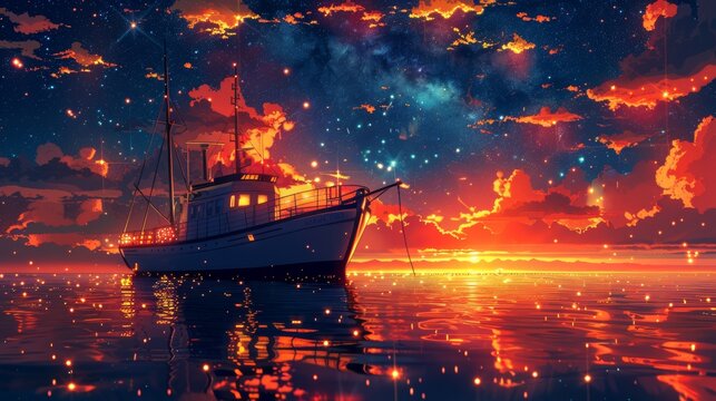 Serene night seascape with a stylish boat under a star-filled sky and vibrant orange sunset