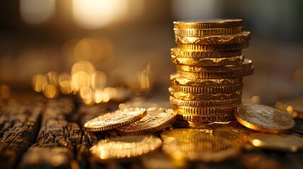 Gold coins stacked on top of each other. Giving the impression that these gold coins could be set in any business environment or financial setting.  - obrazy, fototapety, plakaty