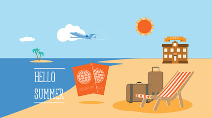 Summer banner. Holidays on the sea beach. Landscape with beach,  sky, sun, clouds, airplane, hotel and sea.  Vacation travel and summer holidays illustration. Vector - 790165156