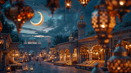 
Create a captivating image for a Ramadan greeting from a luxurious jewelry store. The scene is set in the evening with the crescent moon shining brightly in the sky