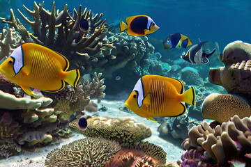 Naklejka na ściany i meble Dive into a vibrant underwater world with colorful tropical fish and coral reef scene. Perfect for travel and ocean exploration concepts.