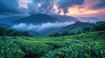 A wide-angle view of the tea garden at sunset, with mountains in the background and green tea plants growing on undulating terrain. Created with Ai